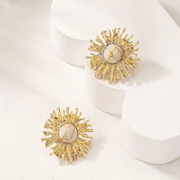 Golden Sun Flower Sun Shaped White Buffalo Turquoise Stud Earrings - Picture 3 of 5